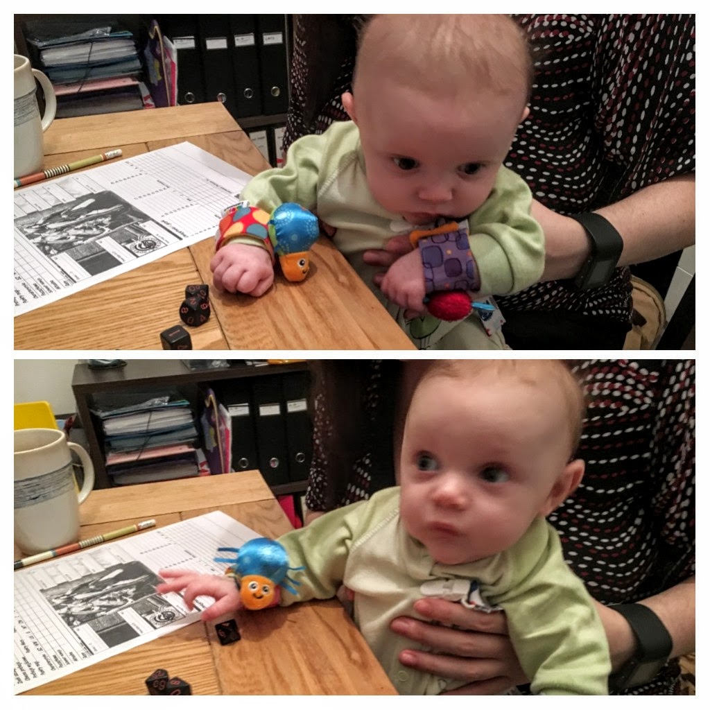 Zack stealing dice at the table.